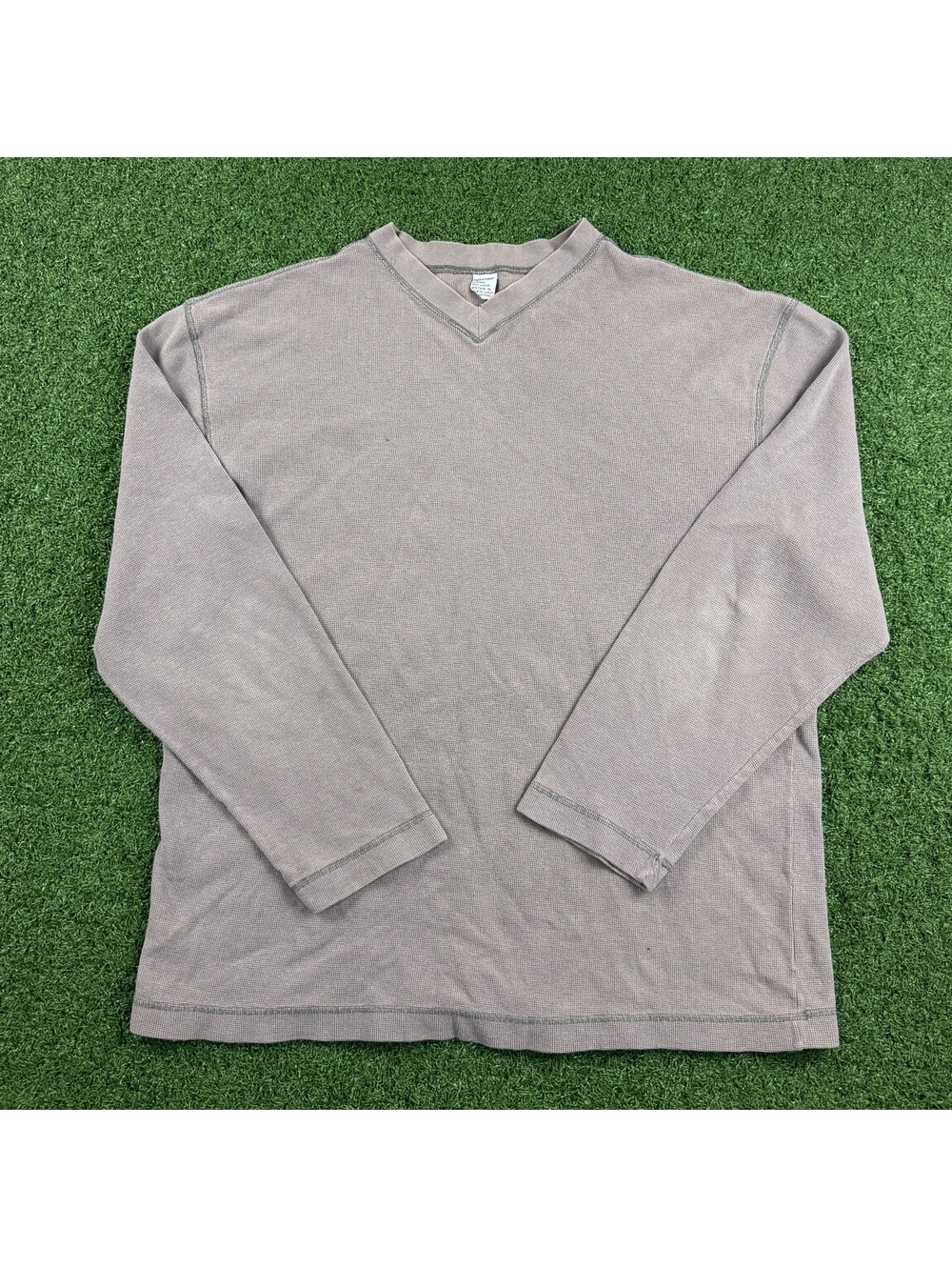 Y2K 100% Cotton Waffle Knit V Neck Long Sleeve Thermal Shirt Mens XL Skate Faded
